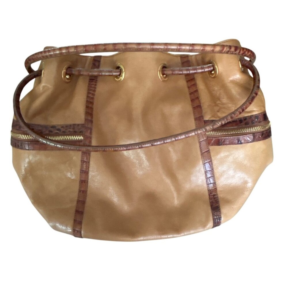 Brahmin Dee Dee Novella Leather Handbag Tan & Brown Croc Embossed Bucket Bag - Picture 2 of 15